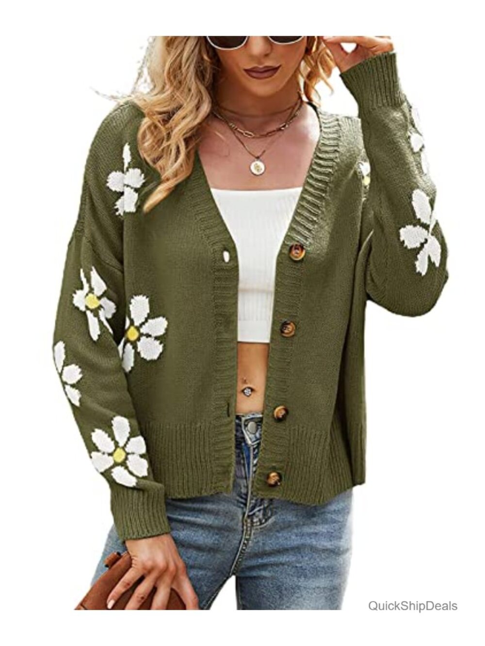 Ribbed Knit Cardigan Button-Up Jacquard Daisy Smile Graphic Sweater Coat